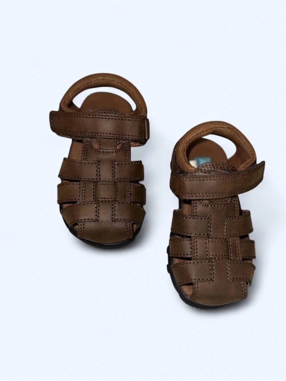Kids Brown Closed-Toe Fisherman Sandals with Hook-and-Loop Strap